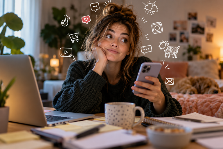 Woman at a cluttered desk glancing away from her phone, surrounded by doodled notification icons