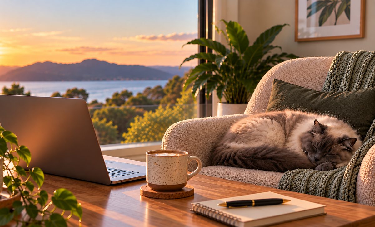 A cosy home office at sunset, with a laptop, a cup of coffee, a notebook and a cat asleep on an armchair